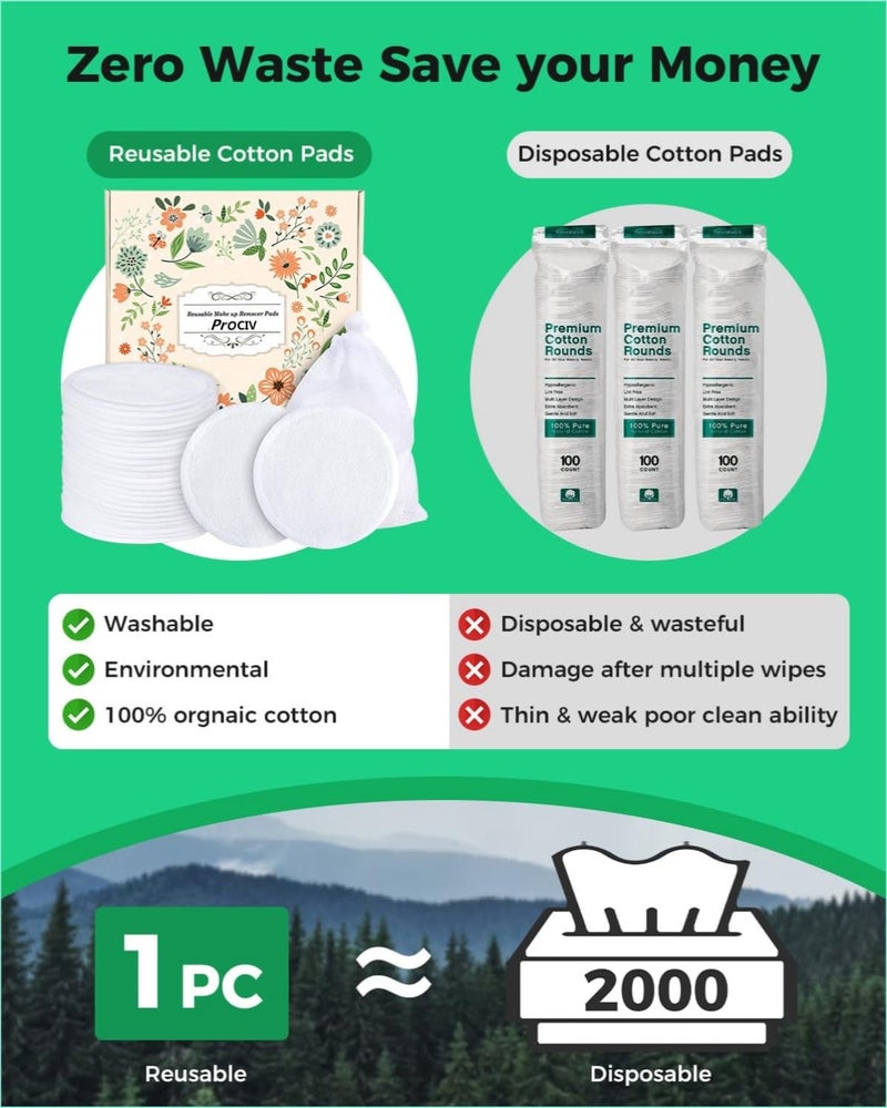 ProCIV Reusable Makeup Remover Pads, 18 Packs Washable Organic Bamboo Reusable Cotton Rounds for All Skin Types & Toner with Laundry Bag, Eco Friendly Zero Waste Reusable Cotton Pads for Woman (White) - Image 2